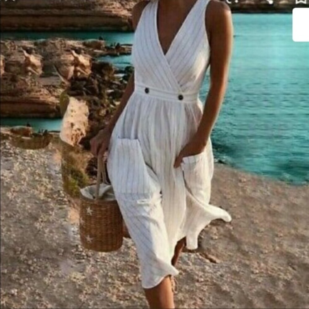 Free People Diana Cotton Wrap White Black Pinstripe Pocket Shift Midi Dress XS